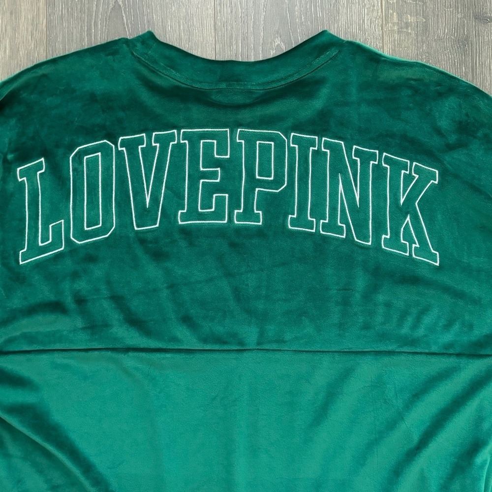 Victoria Secret Love Pink Velour Green Large Embroidered Varsity Spirit Jersey
